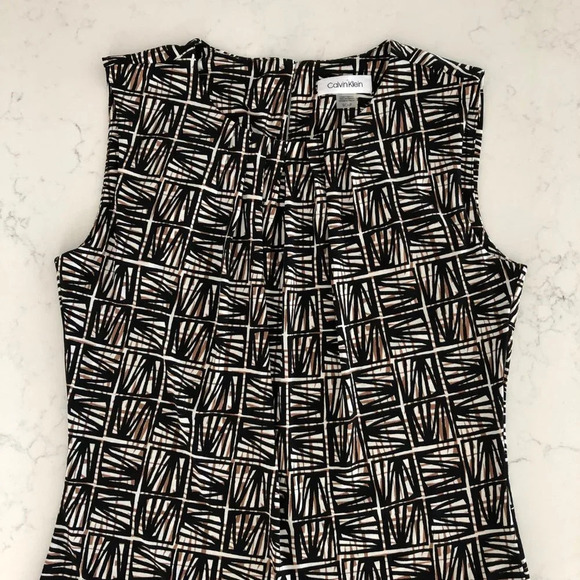 Calvin Klein Sleeveless Scoop Neck Bamboo Print Top Black Tan Wht Sz S NWOT - Picture 2 of 15